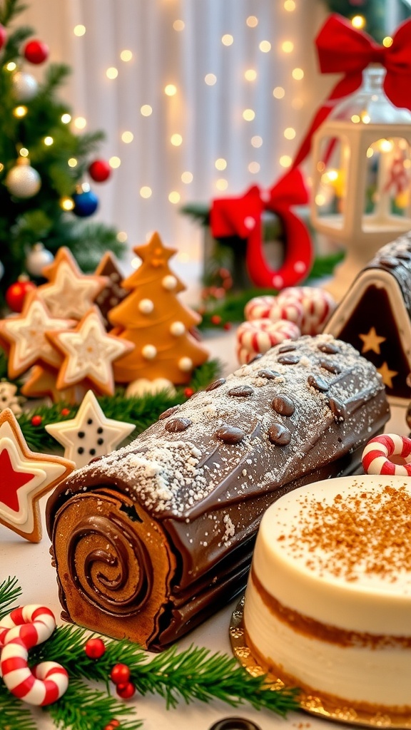 A table filled with Christmas desserts including gingerbread cookies, chocolate yule log, peppermint bark, and eggnog cheesecake.